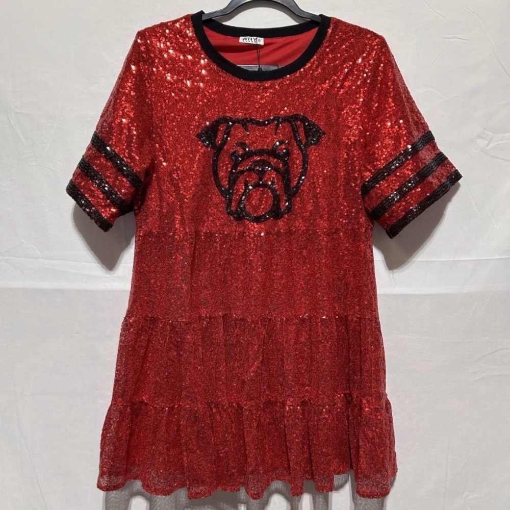 WHY Dress Sequin Bulldog Tiered Gameday Dress‎ Women Red Small UGA